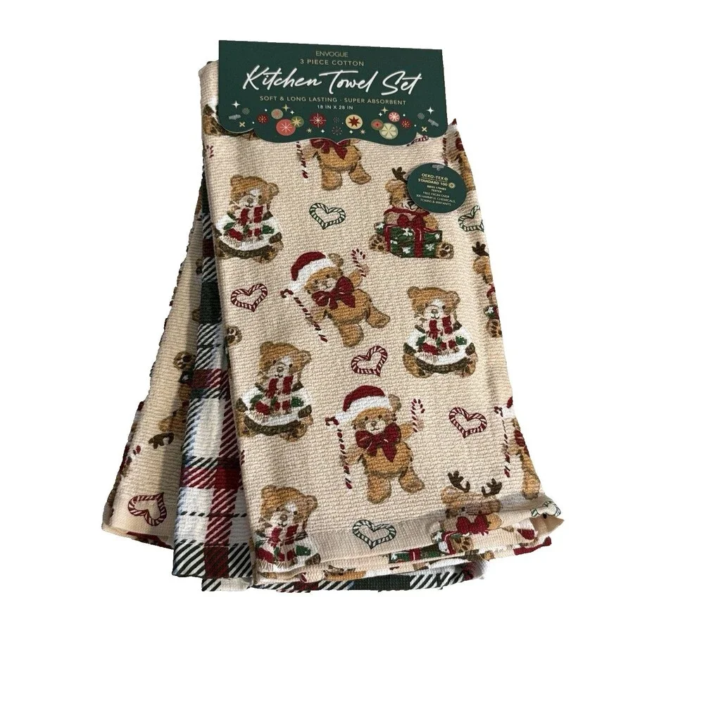 Envogue Christmas Teddy Bears Dish Kitchen Towels 100% Cotton Set of 3